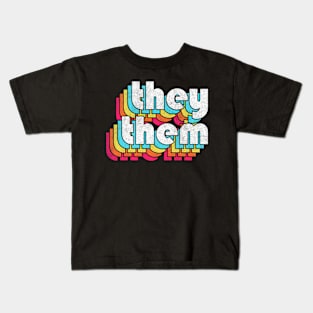 They/Them Pronouns -  Retro Style Rainbow Design Kids T-Shirt